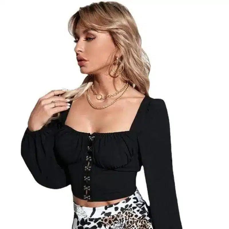 Women's Puff Sleeve Crop Top with Front Hooks-1