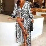 Slit Dress Printed V-neck Pullover Long Skirt-Picture3-19