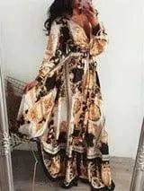 Slit Dress Printed V-neck Pullover Long Skirt-Picture4-31