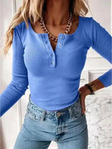 Womens Casual V-Neck Buttoned Knit Top-Blue-9