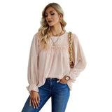 Women's Long Sleeve Sheer Blouse with Lace Detail-Apricot-2