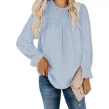 Women's Long Sleeve Sheer Blouse with Lace Detail-Blue-3