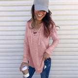 Solid Color V-Neck Tie Band Loose Top T-Shirt-Pink-4