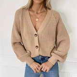 Womens Knit Buttoned Cardigan Sweater-Khaki-2