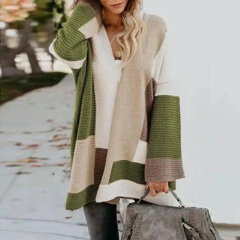 Women's Striped Open Front Knit Cardigan-Green-1