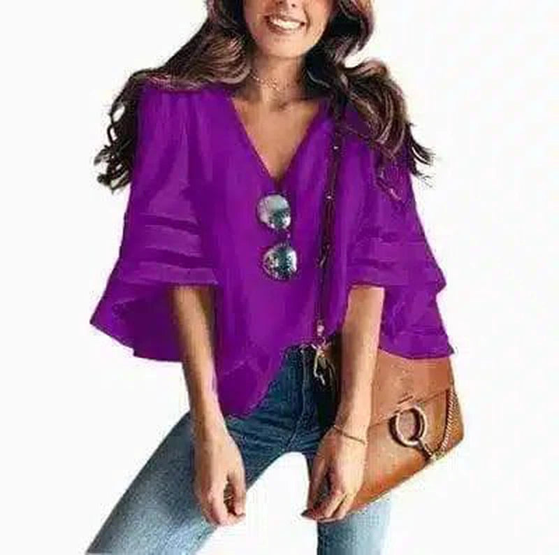 Women's Casual V-Neck Striped Sleeve Blouse-Purple-4