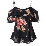 Strapless floral chiffon shirt-Black-2