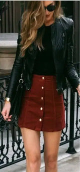 Suede Button-Front Skirt in Brown and Claret-Claret-11