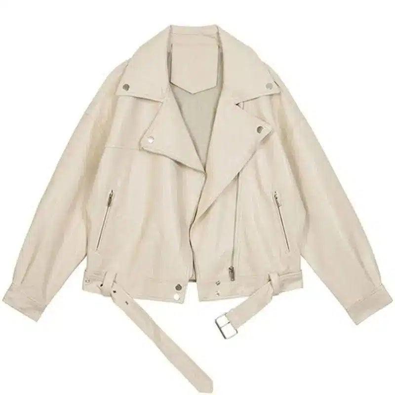 Women's Zippered Moto Jacket with Belt Detail-White-2