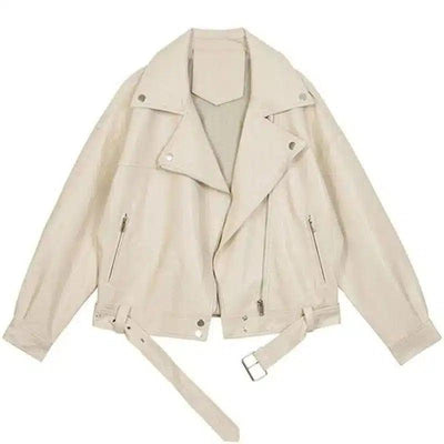 Women's Zippered Moto Jacket with Belt Detail-White-2