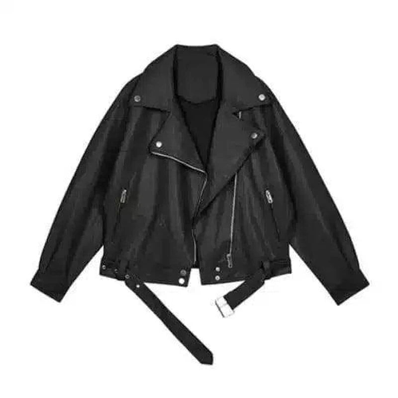 Women's Zippered Moto Jacket with Belt Detail-Black-3