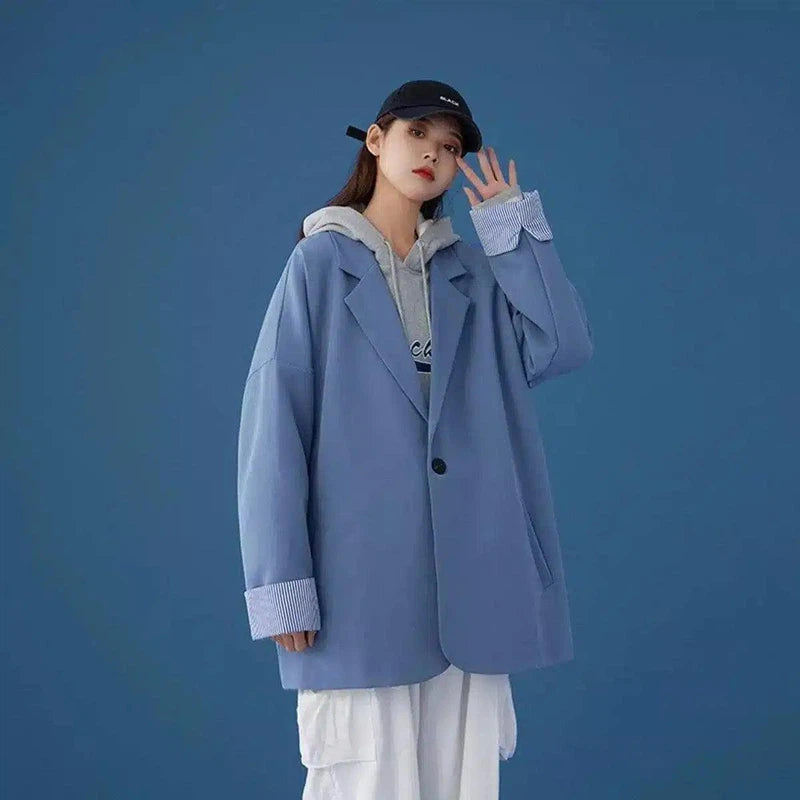 Oversized Trendy Hoodie with Striped Cuffs-Denim blue-2