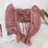 Floral Tie-Front Crop Top with Long Sleeves-Pink-6