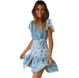 Summer V-neck bohemian print dress skirt women-Skyblue-61