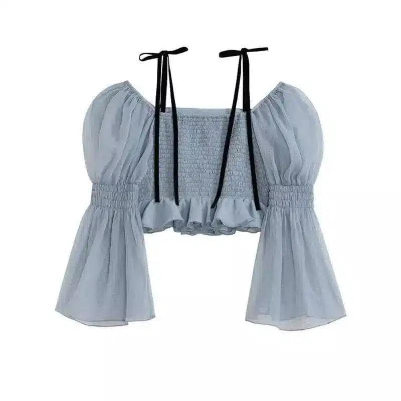 Tie-Strap Smocked Crop Top with Bell Sleeves-Blue-2