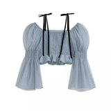 Tie-Strap Smocked Crop Top with Bell Sleeves-Blue-2