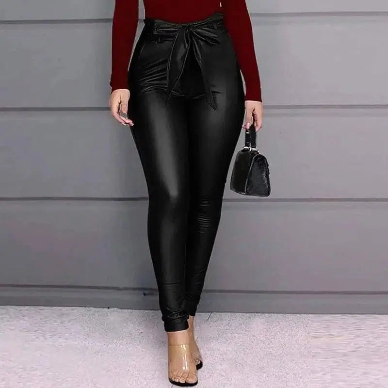 Tight pu leather leggings-Black-1