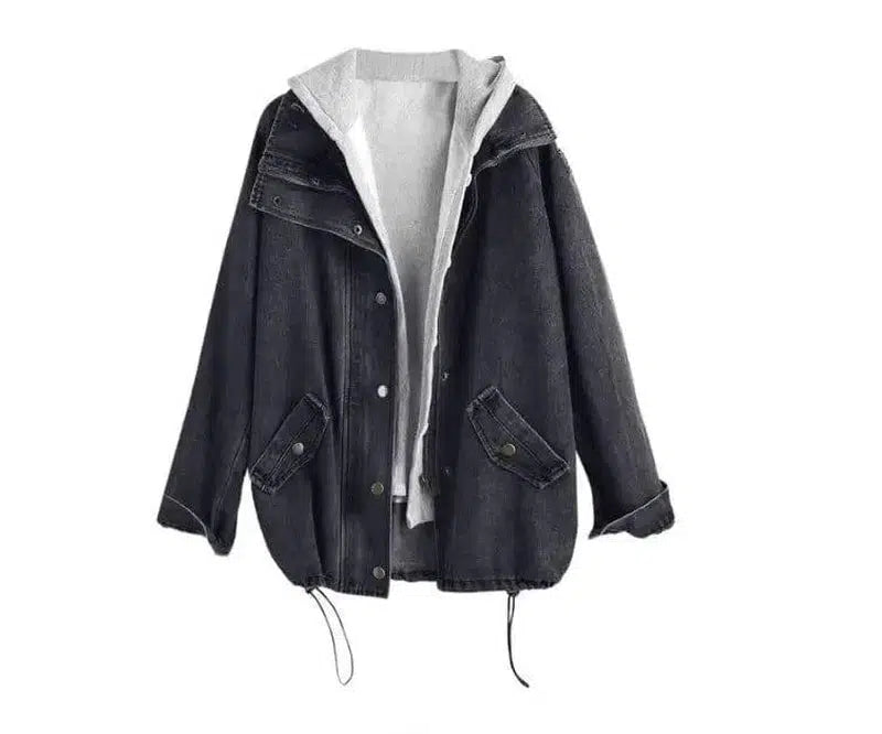 Two-piece denim hooded jacket-black-6