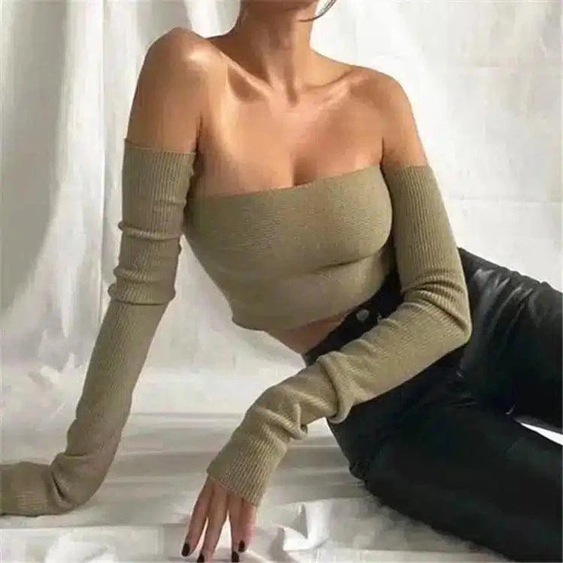 Off-Shoulder Knit Crop Top with Long Sleeves-Green-1