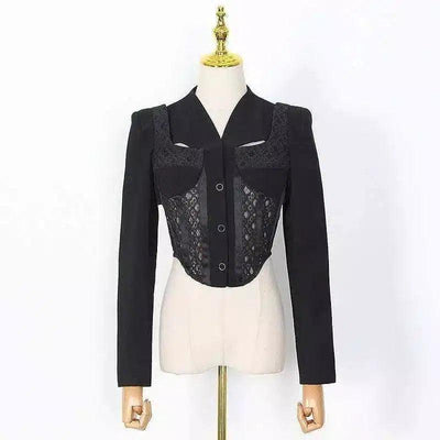 Womens Lace Detail Cropped Blazer Jacket-Black-3