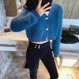 Cozy Fleece V Neck Cropped Cardigan-Blue-5