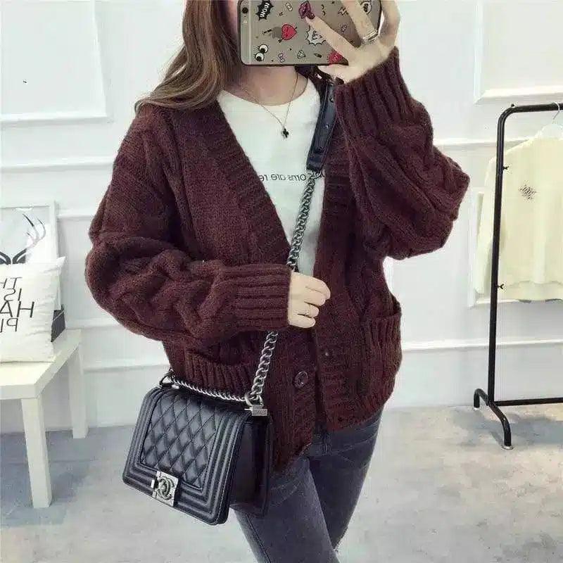 Cozy Knit Button-Up Cardigan-Brown-2