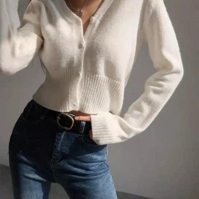 Womens V-Neck Buttoned Knit Cardigan-White-2