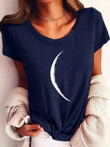 Crescent Moon Print Casual Women's Tee-Navy blue-3