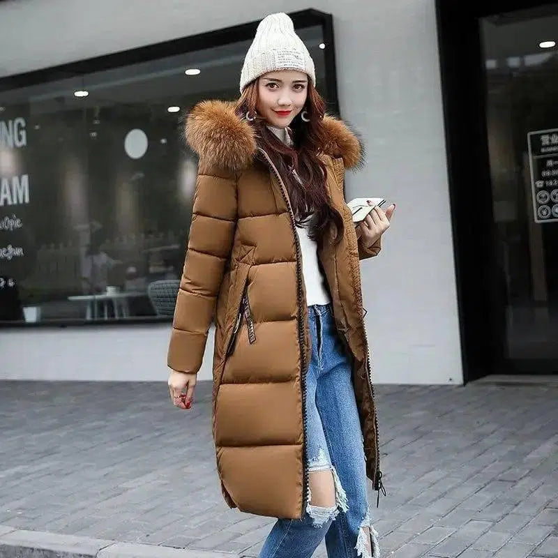 Winter Elegance: Chic Padded Jacket with korean Fur Hood-Caramel colour-2