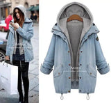 Women's Hooded Denim Jacket with Inner Sweatshirt-Blue-1