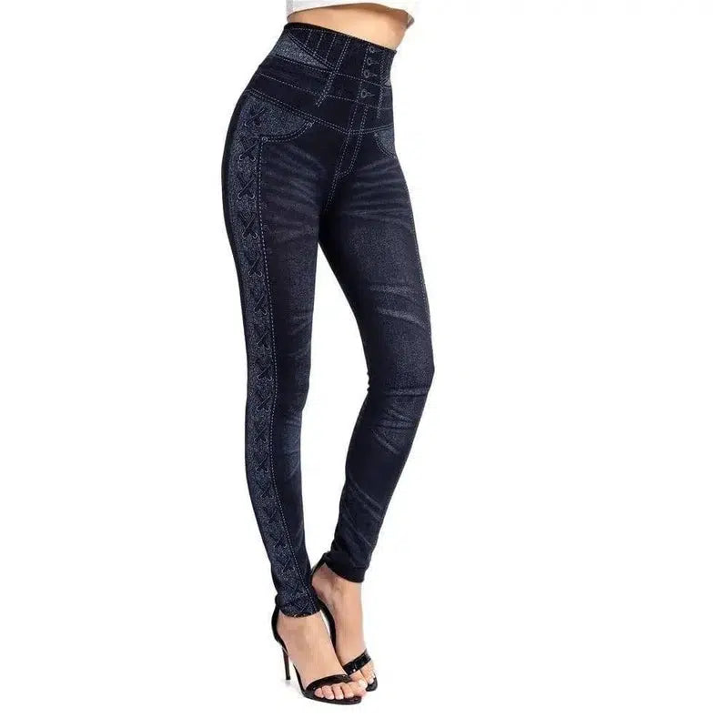 Women's imitation denim leggings-Black-2