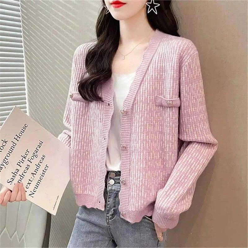 Women's Knit Cardigan with Button Closure-Pink-2