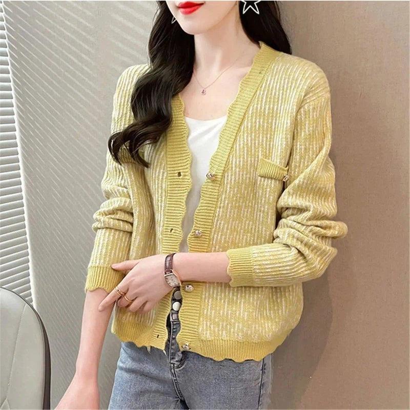 Women's Knit Cardigan with Button Closure-Yellow-3