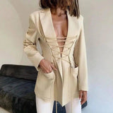 Women's Long-sleeved Tie-up Mid-length Suit-Apricot-4