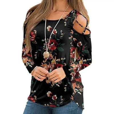 Women's Floral Cold Shoulder Long Sleeve Top-Black-2