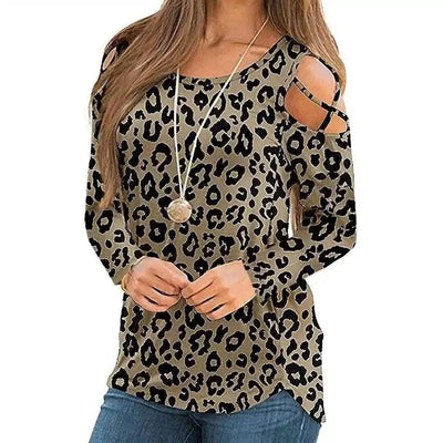 Women's Floral Cold Shoulder Long Sleeve Top-Leopard-5