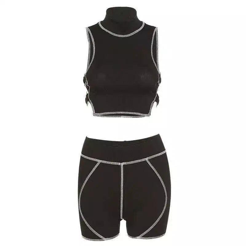 High-Waist Compression Shorts & Vest Set-Black-1