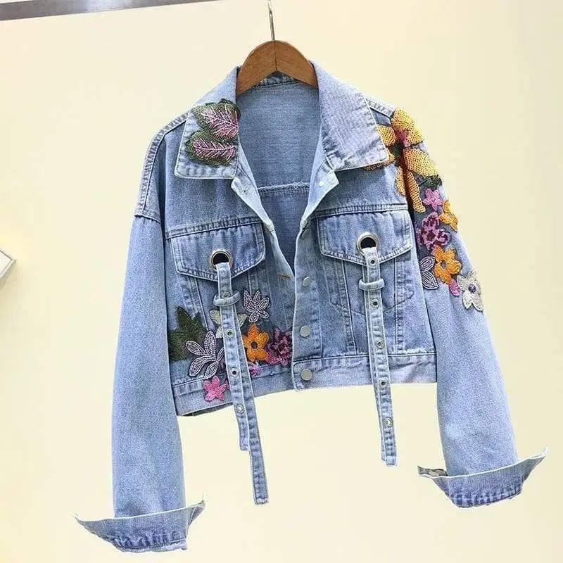 Stylish Embroidered Cropped Denim Jacket-Blue-1