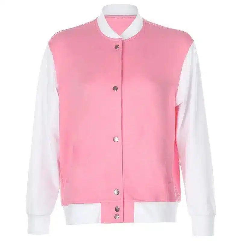 Women's Stand-up Collar Hit Color Sweater Jacket-Pink-1