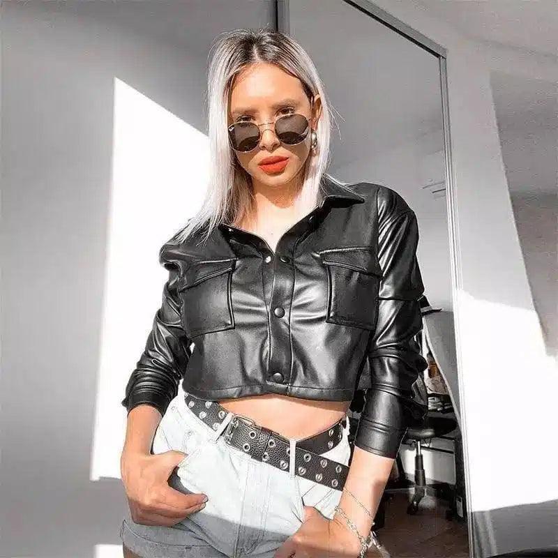 Faux Leather Cropped Jacket for Women-1