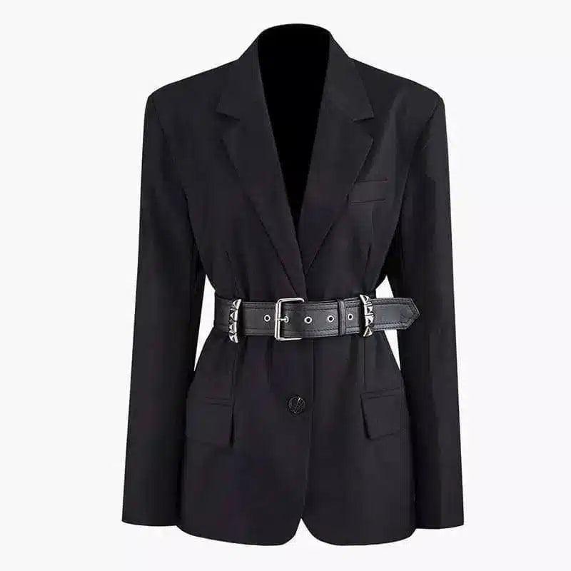 Chic Blazer with Belt for Effortless Style-Black-1