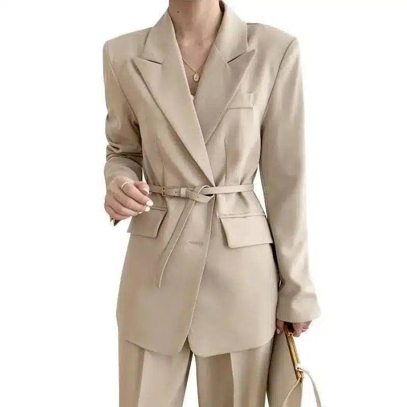 Women's Belted Business Suit Jacket-Apricot-3