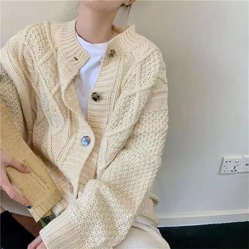 Cable Knit Cardigan with Button Closure-Apricot-4