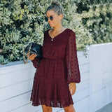 Women's V-neck Long-sleeved Dress-Wine Red-4