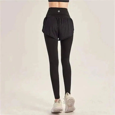 Women's Yoga Pants Fitness Sports Fake Two-piece Tights Yoga-Black-1