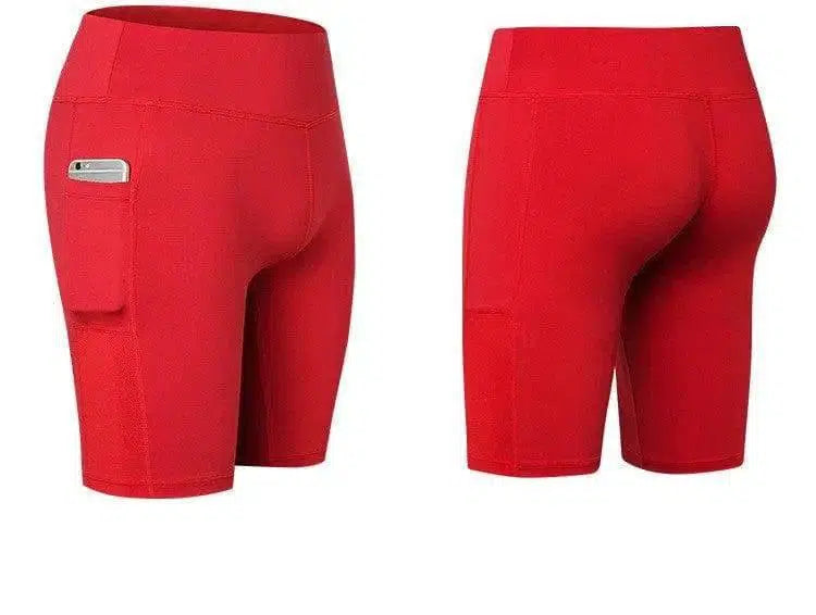 Women's Yoga Shorts Side Pockets Fitness Running Elastic-Red-24