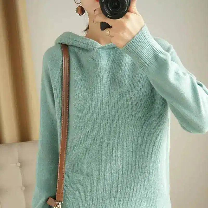 Warm Knit Sweater with Hood for Women-Green-1