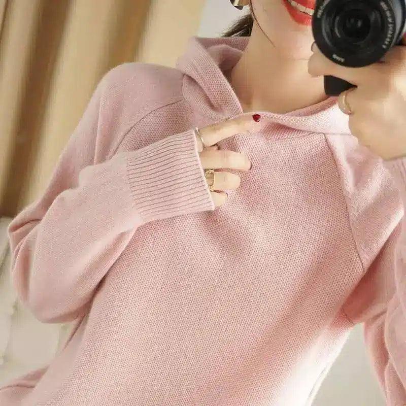 Warm Knit Sweater with Hood for Women-Pink-6