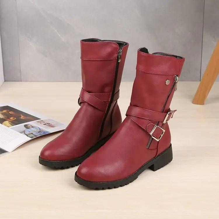 Low Heel Belt Buckle Fashion Martin Boots Women-Wine Red-4