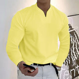 Male Fashion Casual Solid Color V-neck Long Sleeve Shirts-Yellow-13